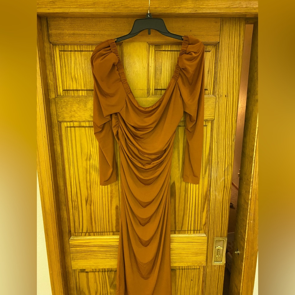 Deep V off the shoulder dress with high waist detail and leg slit